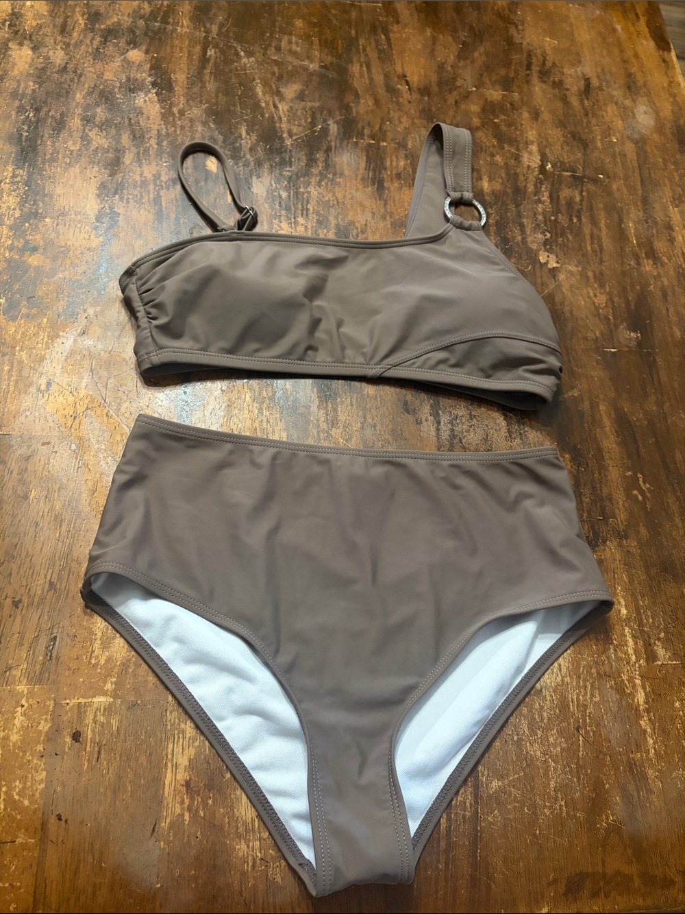 Women’s High-Waist One-Shoulder Bikini Set in Taupe